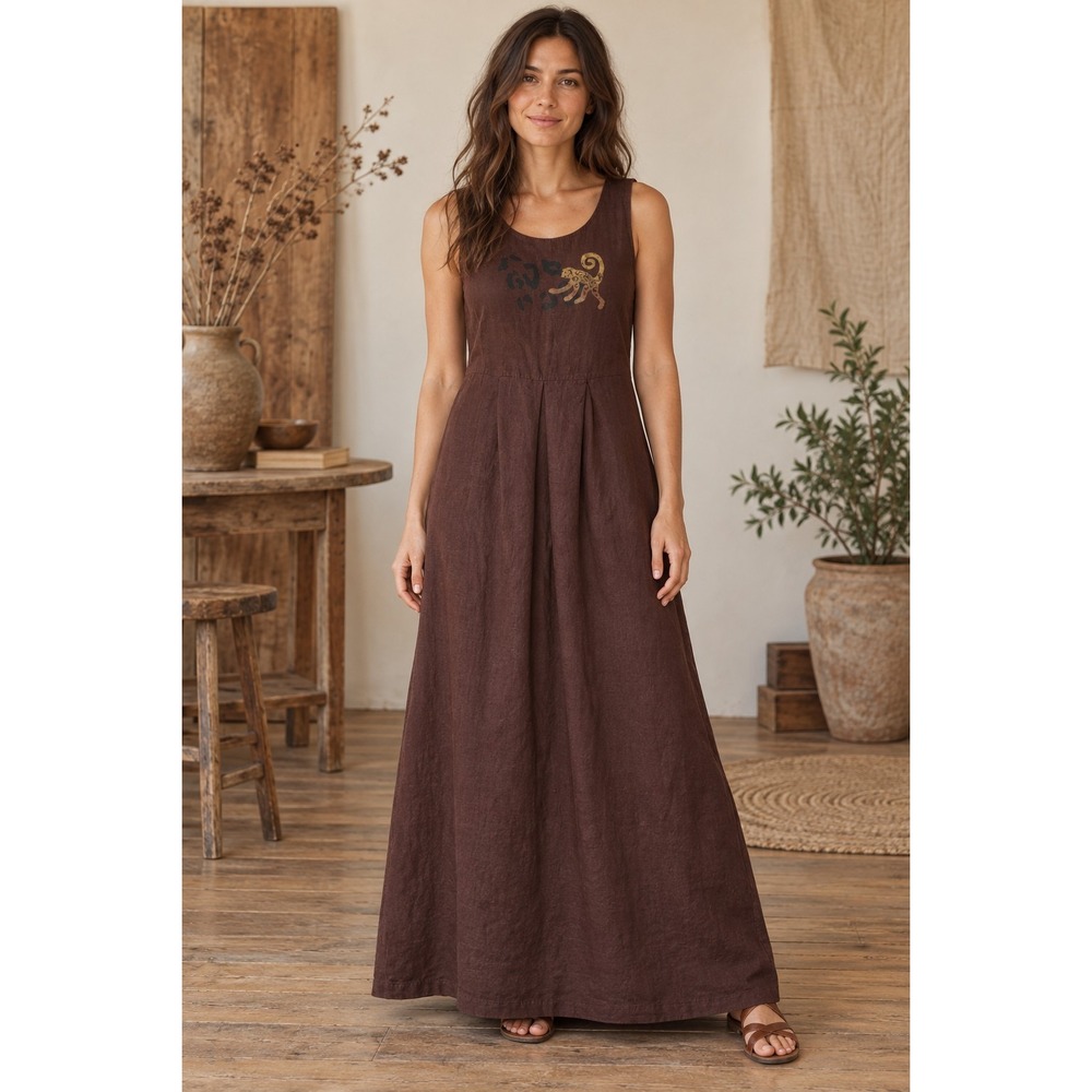 Studio Ease Vintage Size 10 Brown Linen Maxi Dress Leopard Art to Wear USA